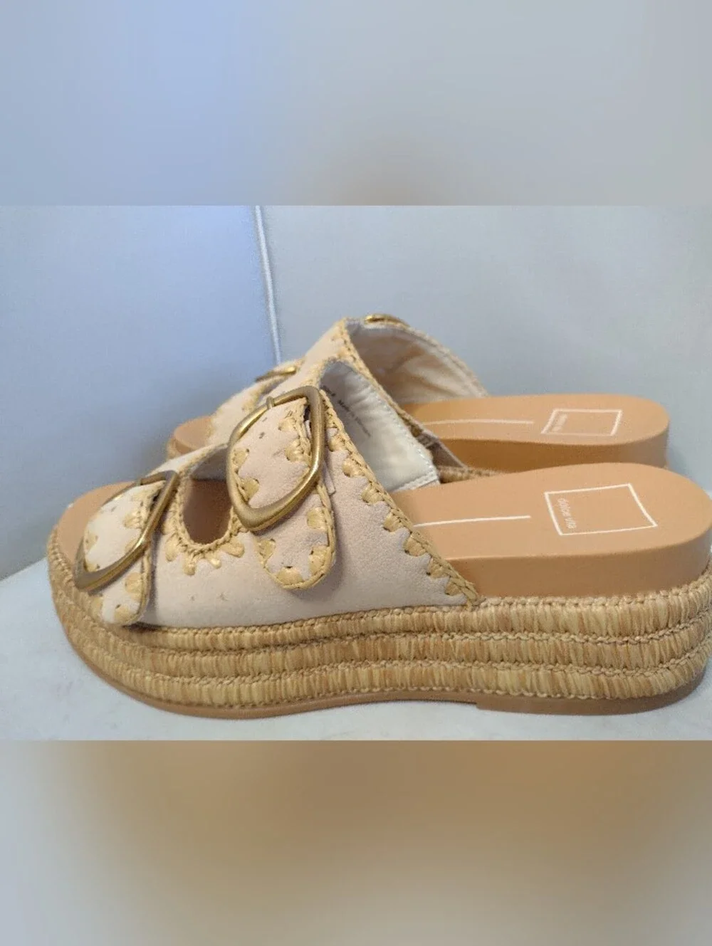 Dolce Vita Wanika Platinum Leather Chunky Platform Slide Sandals 8 Tan A4
